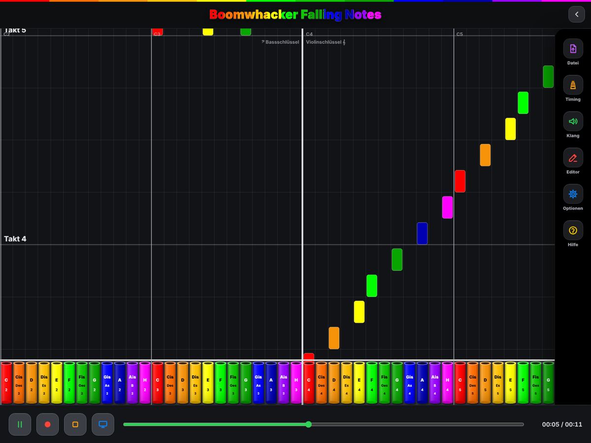 Boomwhacker Falling Notes: farbige Balken fallen auf die Röhren / colored bars falling onto the tubes